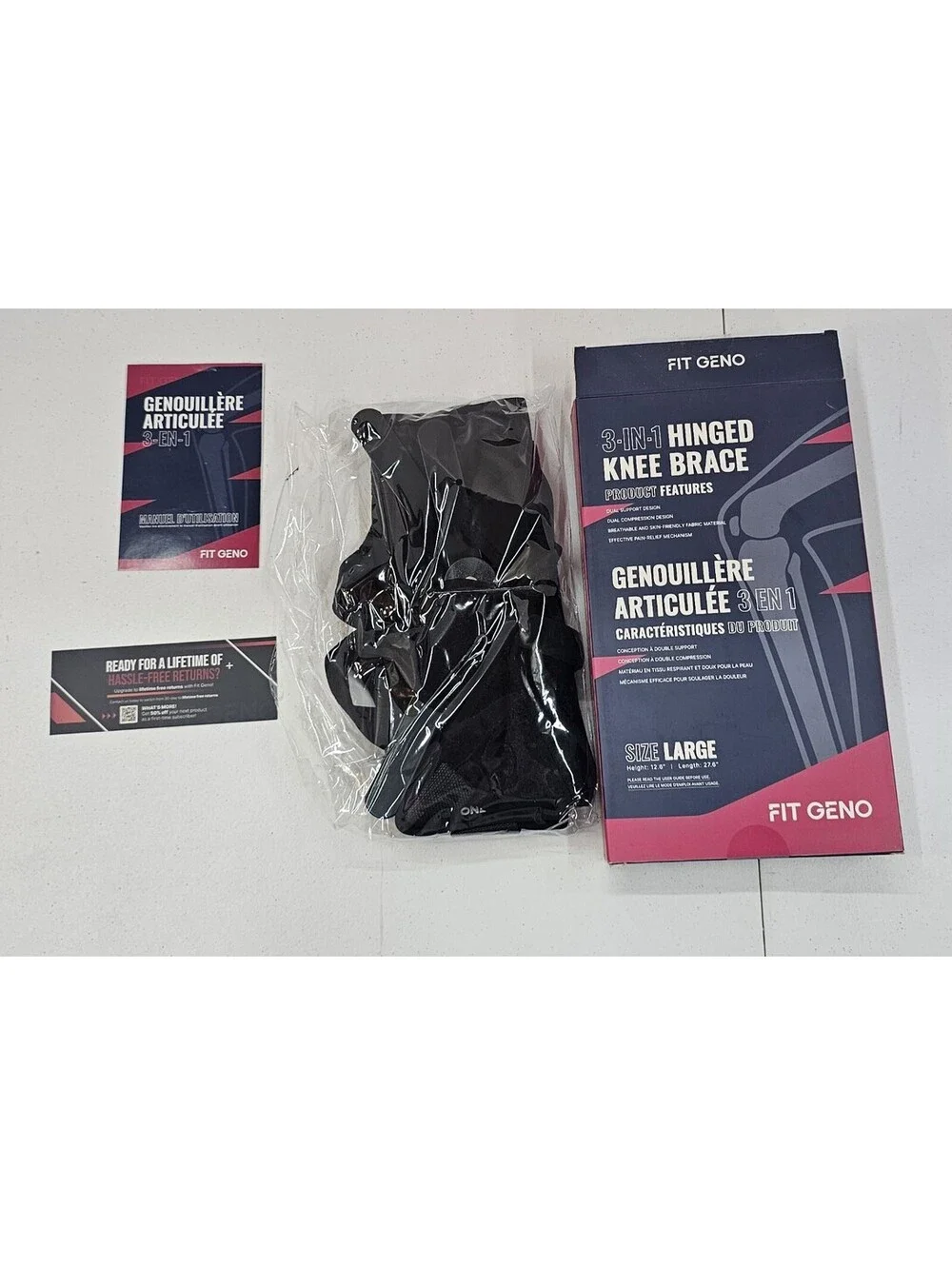 Fit Geno 3-in-1 Hinged Knee Brace Large Adjustable Support New Open Box Complete
